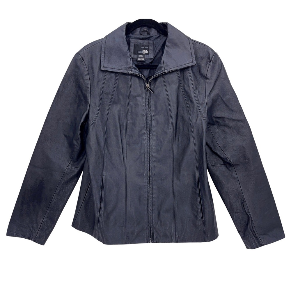 East 5th Black Leather Jacket L Nappa de Cerdo Full Zip Seam Detail Moto
